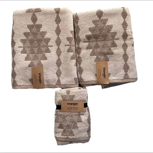 Wrangler Aztec Southwestern Set Of 2 Bathroom Towels & 2 Hand Towels Beige NWT
