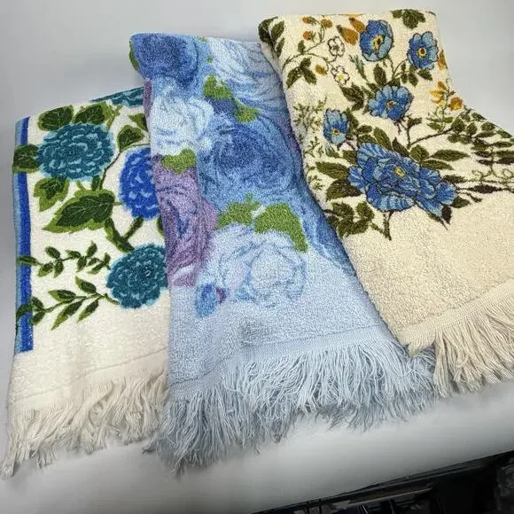 Set 3 Vintage Retro Floral MCM Blue Green Bath Towel Set Fringe USA
