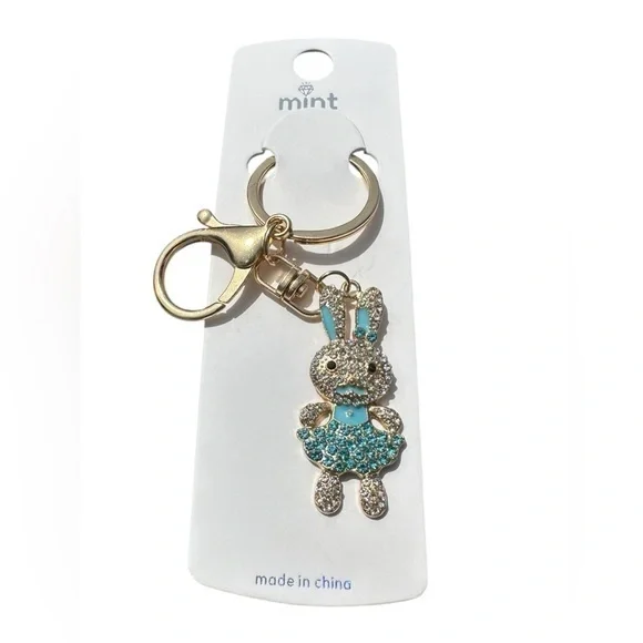 3/$25 Mint Sparkle.Rhinestone Jeweled Blue Rabbit Bunny Purse Keychain Bag Charm