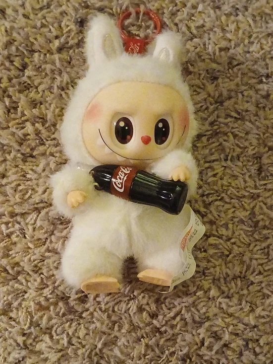 White Fuzzy Bunny Plush Keychain Holding Coca-Cola Bottle