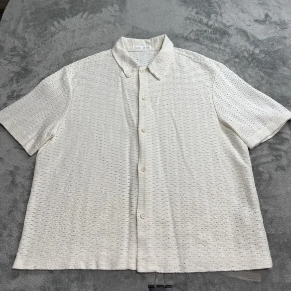 Zara Geometric Jacquard Button Shirt Mens L White Coastal Summer Beach Boho