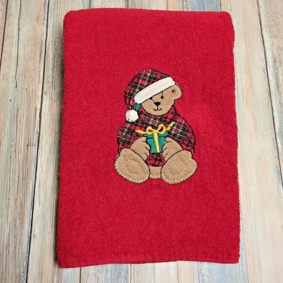 Vintage Cannon Christmas Teddy Bear Red Bath Towel Plaid 100% Cotton Made in USA