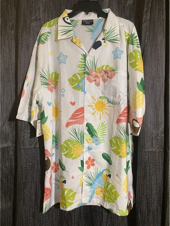 Pacific & Co Men's Size XL White Tropical Birds Lightweight Hawaiian Shirt - NWT