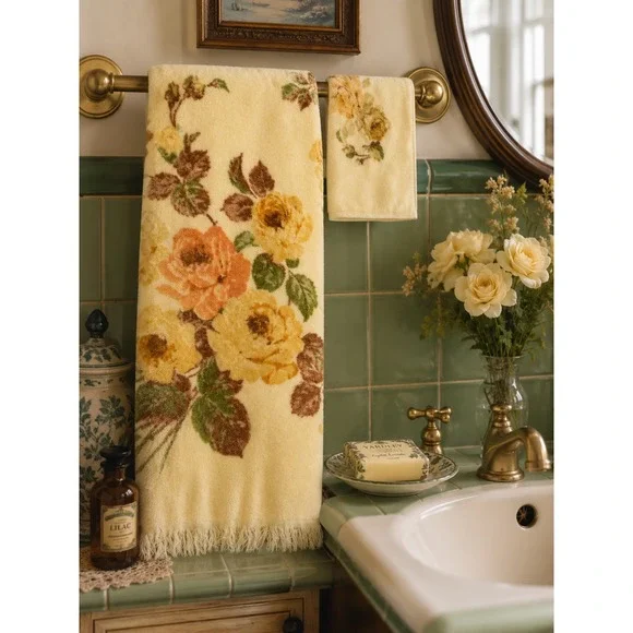 Cannon Royal Family Vintage Towel Set Yellow Floral Roses Cotton 2pc Excellent