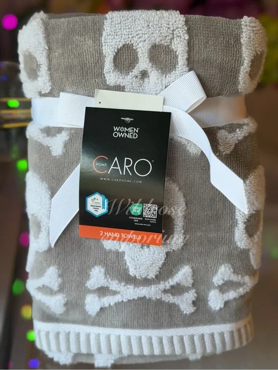 2 CARO HOME Halloween Gray White Skull Crossbones Skeleton Hand Towels Cotton