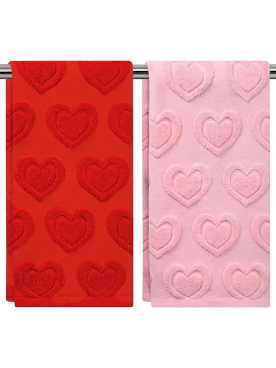 2PCS Valentine's Day Heart Hand Towels Set - Soft Cotton, Absorbent & Decorative