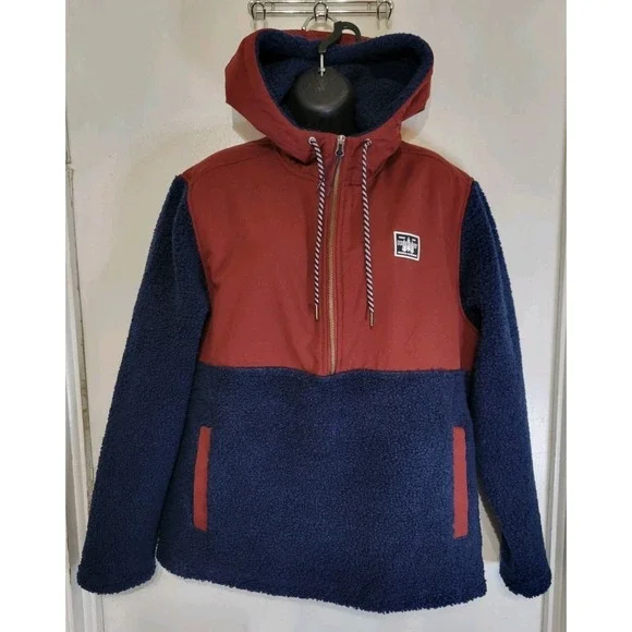 Hurley Sherpa‎ Fleece Hoodie Men's M Blue Red Half Zip Pullover Jacket Shacket