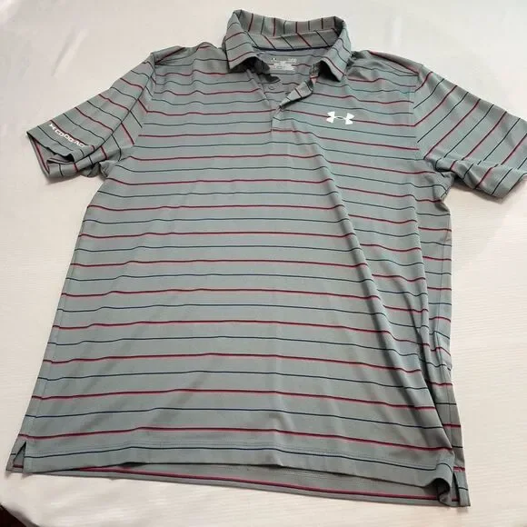 Under Armour Loose Heat Gear Grey Red Blue Stripe Short Sleeve Polo Shirt Size L