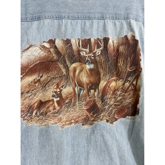Mens Vintage Deer Graphic Denim‎ Shirt Short Sleeve Light Wash Large hunter fade