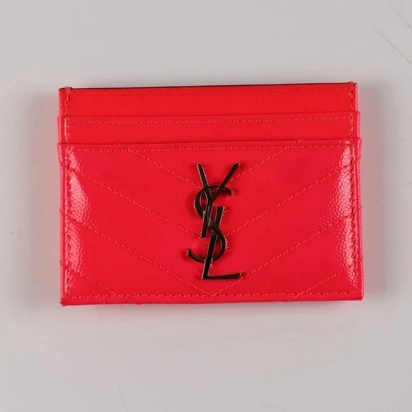 Saint Laurent Card Holder Cassandre Monogram Neon Pink Leather MSRP $380