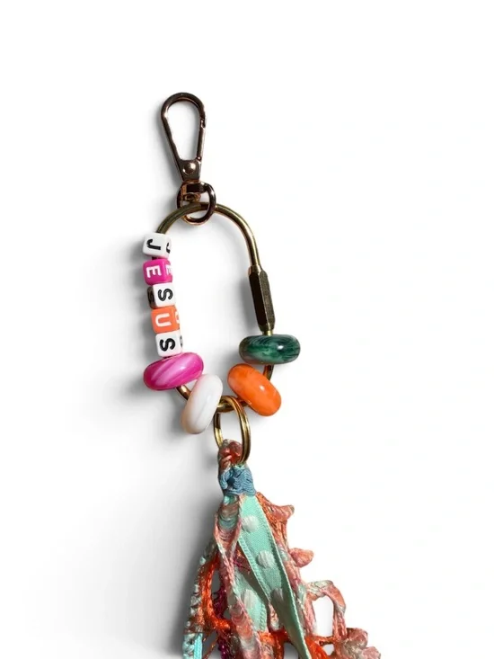 JESUS keychain/bag charm, pink, orange, green and white with colorful tassel