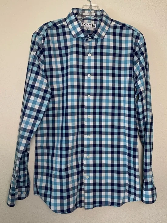 Express Men's Navy and Light Blue Plaid Button-Down Shirt‎ Medium 15-15.5 Preppy