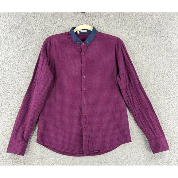 Nara Camicie Button Down Shirt Mens Small Red Blue Micro Check Seersucker Italy