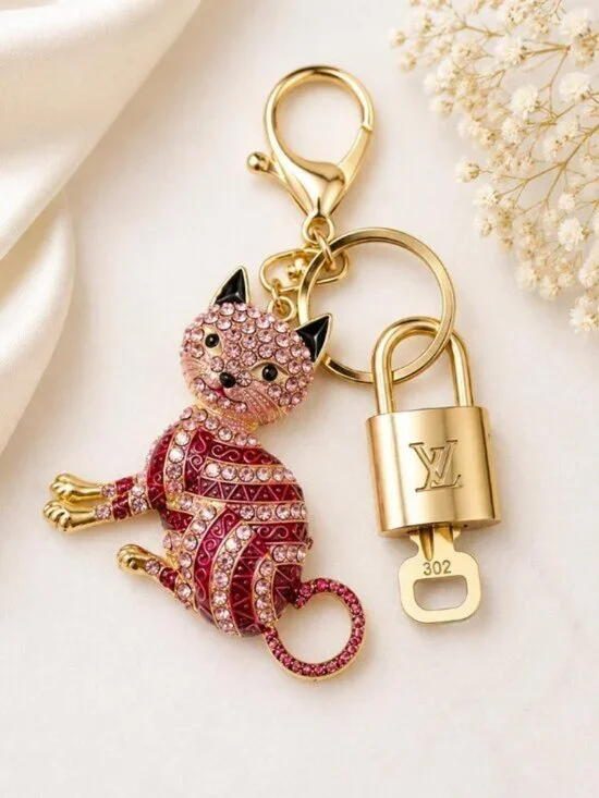 Authentic LV Gold Padlock & Key Set ✨ Luxury Bag Charm w/ Unbranded Cat Keychain