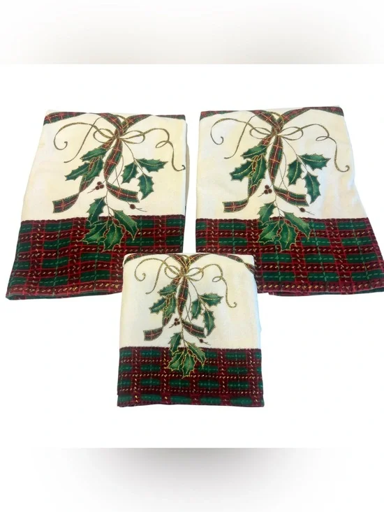 Lenox Holiday Nouveau Towel Set 3 Pc Bath & Fingertip Towels Holly Tartan Plaid