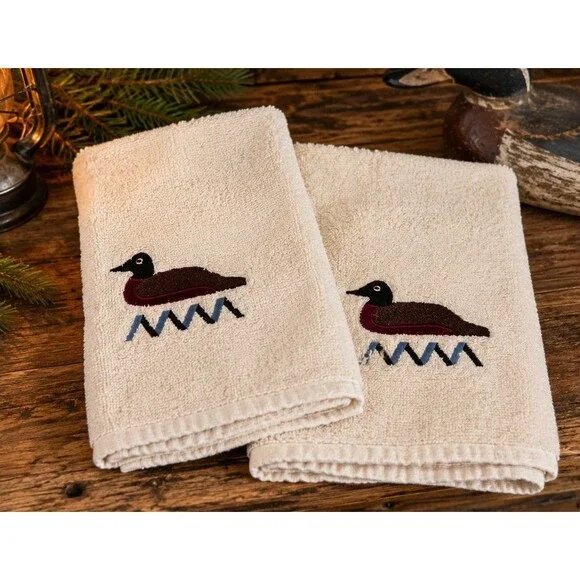 Vintage Beige Embroidered Duck Loon Hand Towels Set-2 Cannon Mills USA Cotton