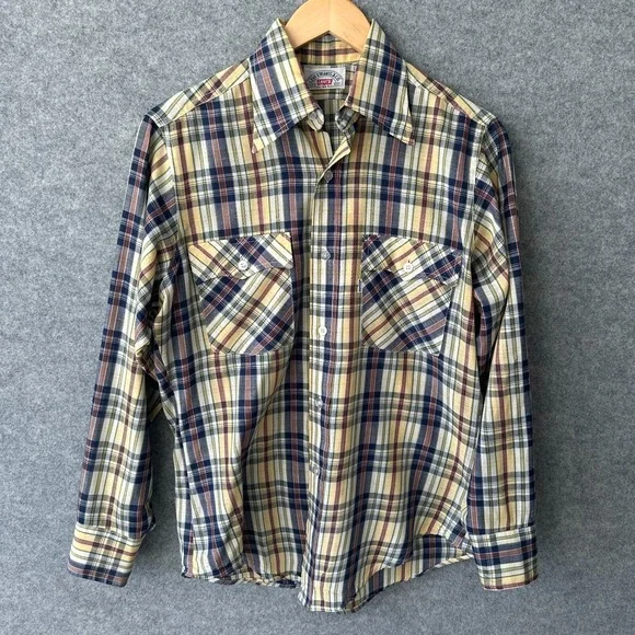 Vintage Levi's Shirt Mens Medium Long Sleeve Yellow Plaid 70s 80s Pockets Preppy