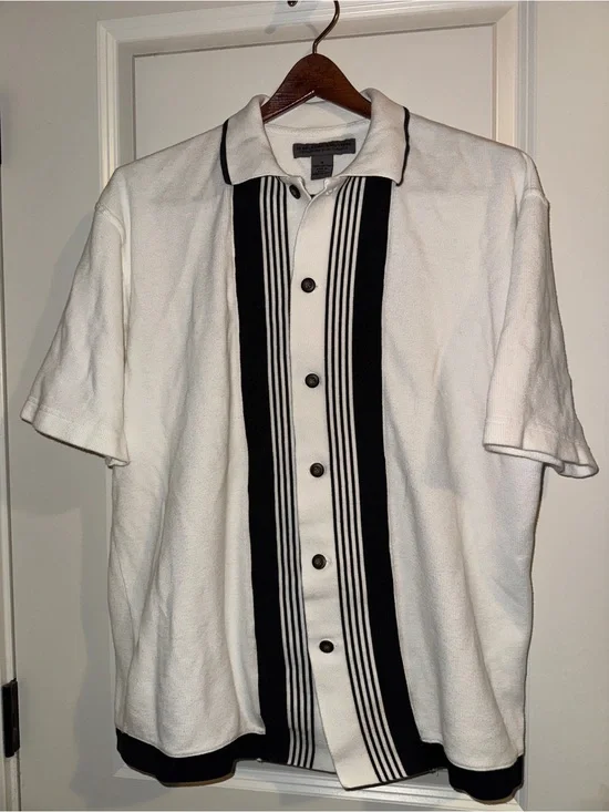 Vintage Le Collezioni Structure White Short-Sleeve Button-Down w/Black Trim