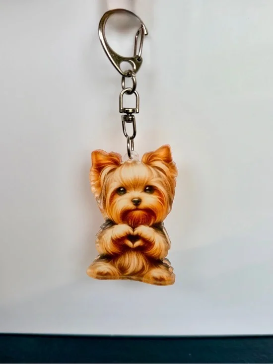Cute Yorkie Dog Bag Charm/Keychain - Brown/Gold Acrylic Charm
