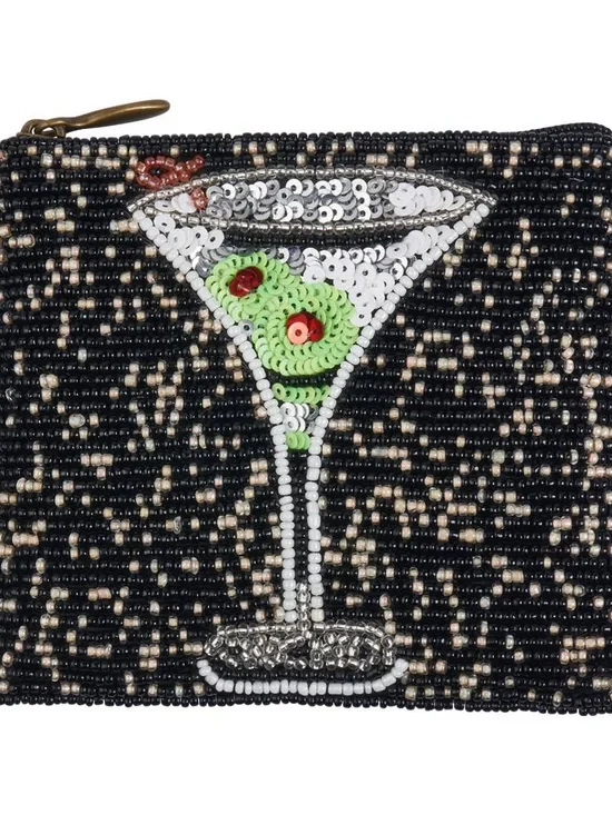 Key West Martini Cocktail Black Beaded Card Key Holder Green Olive Accent