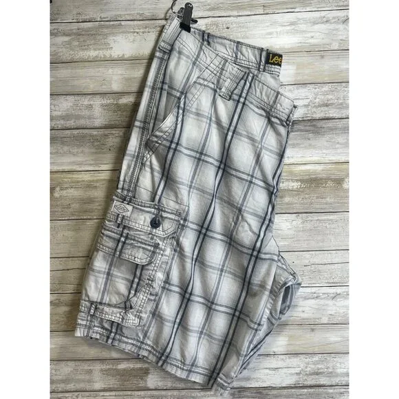Lee‎ Mens Cargo Shorts Size 38 Gray & White Plaid Cotton Casual Summer Wear