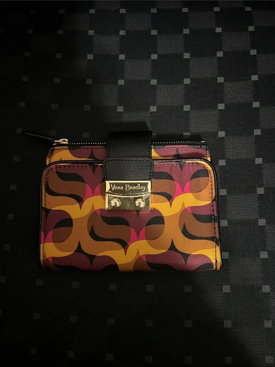 Vera Bradley Retro Wave Compact Zip Wallet - Black, Mustard & Pink
