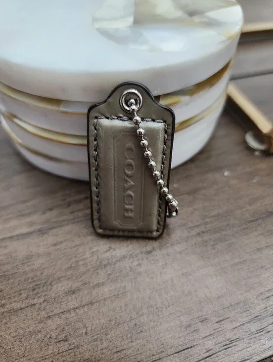 Coach Olive Green/Greyish Leather KeyTag with Silver Ball Chain