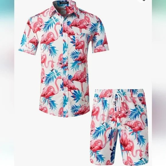 MCEDAR 2 Piece Flamingo Print Short Sleeve Hawaiian Shirt Suits Size 4X