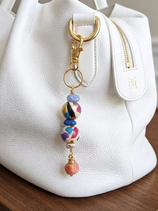 Handmade Colorful Wood Bead Keychain | Abstract Painted Beads | Wire Wrapped