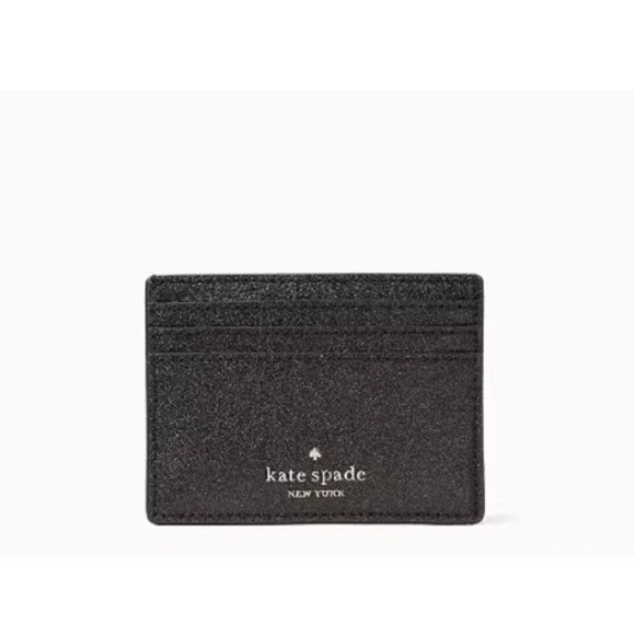 Kate Spade New York Black Glitter Slim Card Holder Wallet New In‎ Box