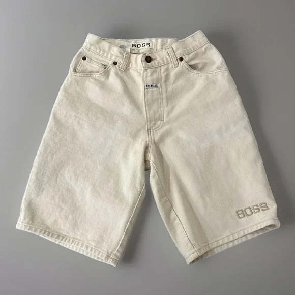 Vintage Boss Mens‎ Beige Denim Jean Shorts Embroidered Logo Size 30