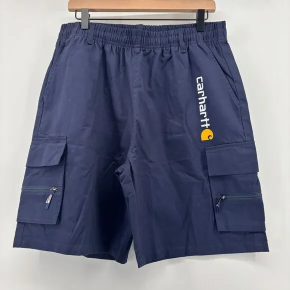 Carhartt Cargo Shorts Navy Blue Mens 2XL Elastic Waist Utility‎ Workwear Logo