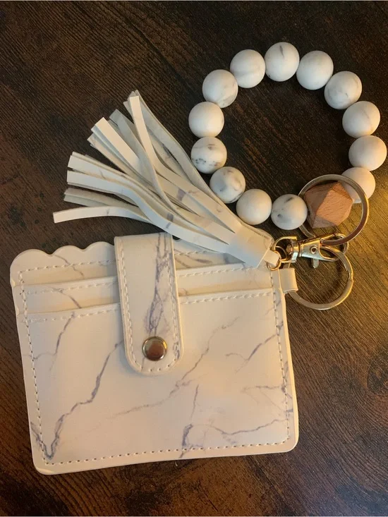 Marble White Tassel Wristlet Card Holder Keychain