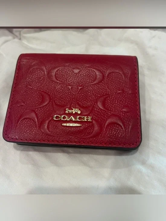 COACH Red Embossed Signature Leather Card Holder with Gold Logo