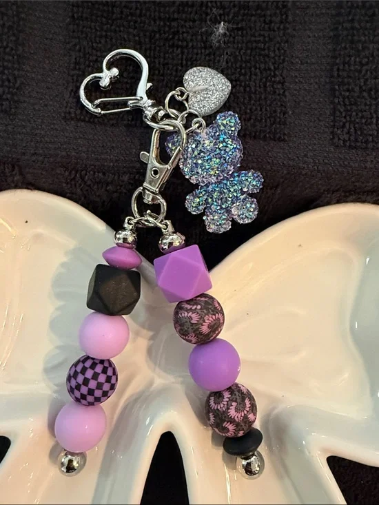 Unbranded Purple Beaded Teddy Key & Card Holder Charm