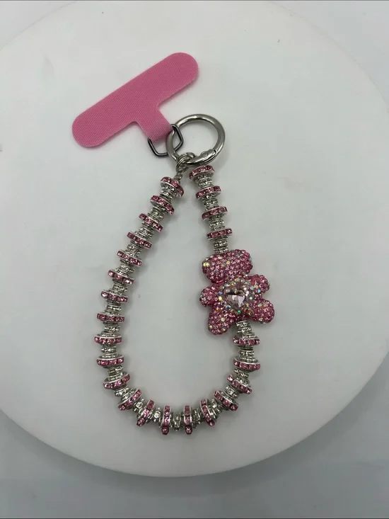 622. Pink Crystal Teddy Bear Phone Holder/Phone Chain.