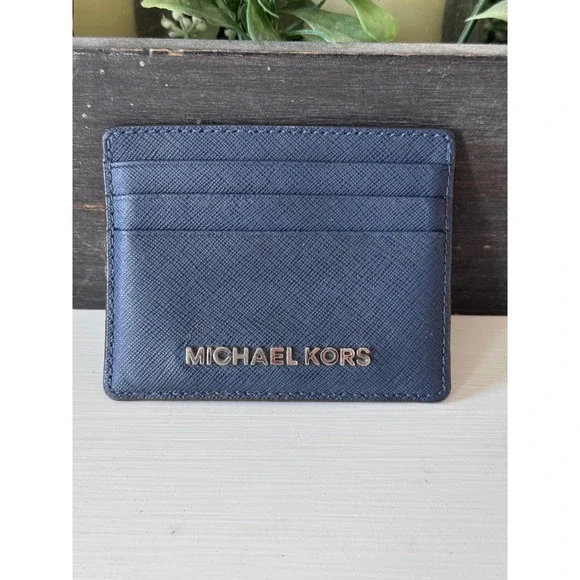 Michael Kors Navy Blue Saffiano Leather Card Holder Slim ID Wallet Silver Logo