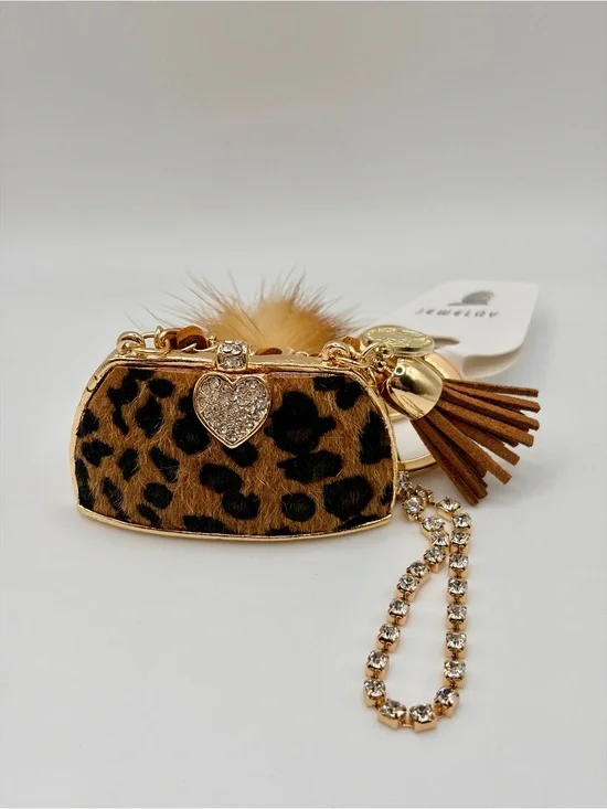 Bougie Leopard Print Purse Keychain with Brown Fur Pom Pom and Tassel