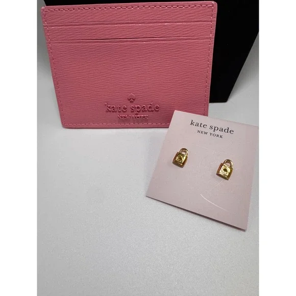 Kate Spade Pink Floral Card Holder & Gold Lock Stud Earrings Set KN759 K6448 NEW