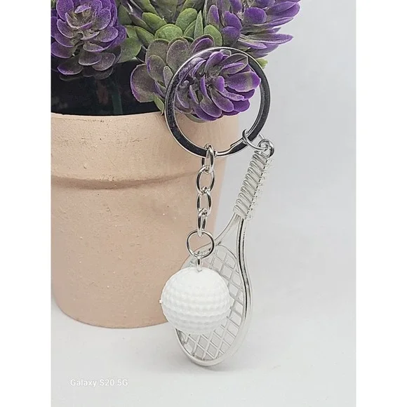 Handmade White Ball Tennis Racket Keychain Silver Tone‎ Women Sport Accessory