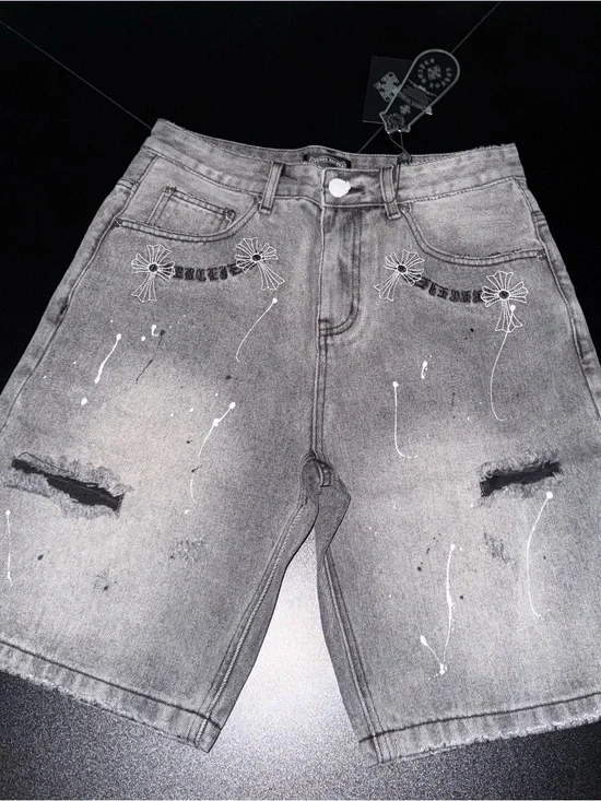 Chrome Hearts Gray Distressed Denim Shorts with White Paint Accents