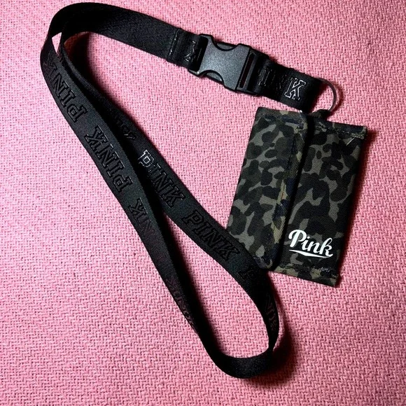 Victorias Secret PINK Lanyard and Camo Wallet‎ Set Black Green ID Holder Pouch