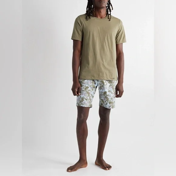 Hanro Men’s XXL Night & Day Printed Linen Cotton Blend Pyjama Shorts Green Blue‎