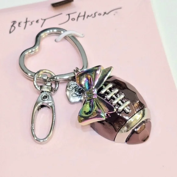 BETSEY JOHNSON Shiny Metallic Football with Pink Bow Bag Charm Keychain NEW NWT