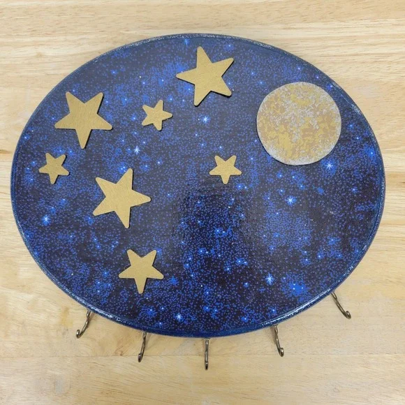 Celestial‎ Star & Moon Oval Wood Key Holder 10x8 Blue Shimmer 3D