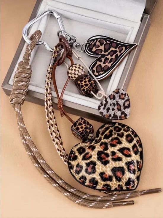 Leopard Heart Charm Keychain - Brown Animal Print Women's Accessory