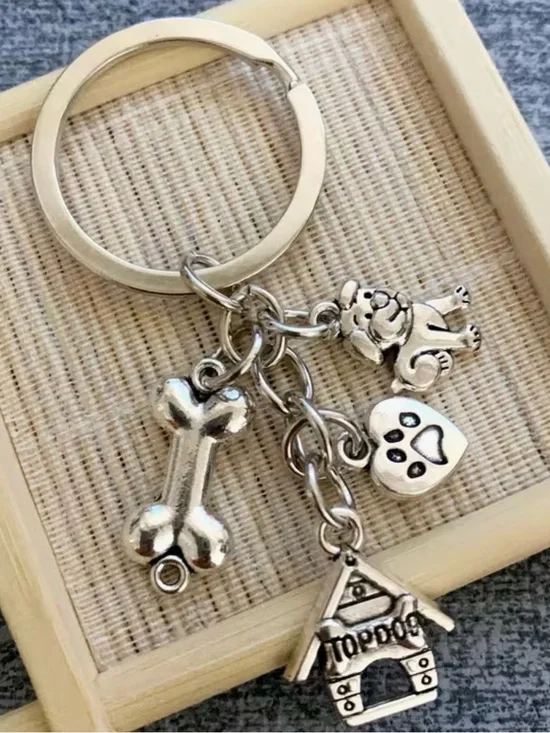 Silver Dog Charm Keychain - Pet Bone, Paw & House Charms