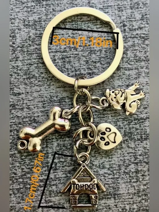Gold Dog Charm Keychain with Bone, Paw and Dog House Bag Charm