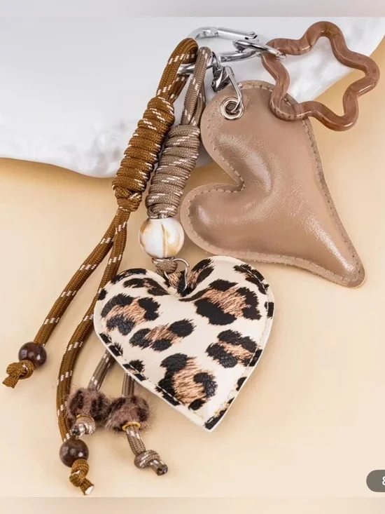 Leopard Heart Charm Keychain with Taupe Leather Heart