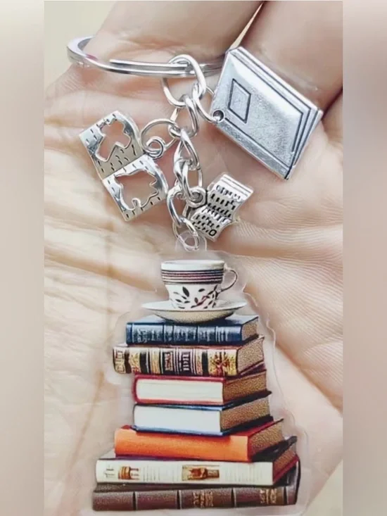 Book Stack Keychain with Teacup Charm - Silver Hardware